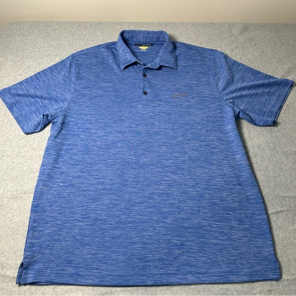 Greg Norman Play Dry Mens XL Blue Space Dye Heathered Golf Polo Shirt Shark Logo